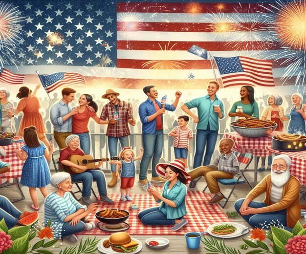 Foto uma pintura de uma família em círculo com uma bandeira americana no fundo