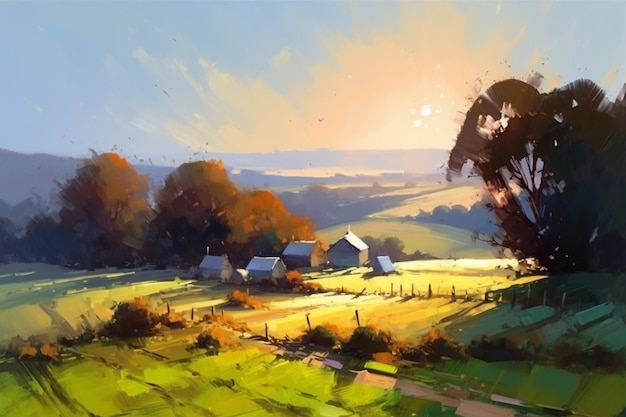 Uma pintura de uma fazenda com um pôr do sol ao fundo.