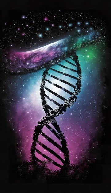 Uma pintura de uma fita de DNA com um planeta ao fundo.