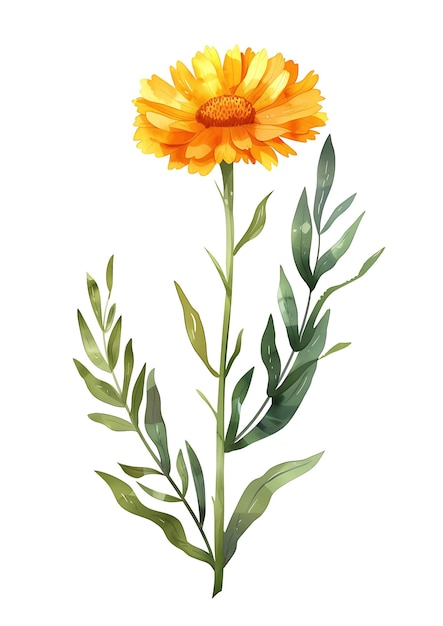 uma pintura de uma flor amarela com folhas verdes e uma flor amarelo