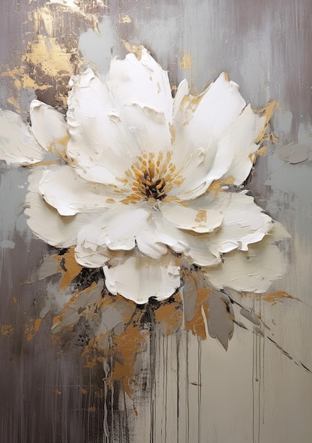 Uma pintura de uma flor branca com folhas de ouro