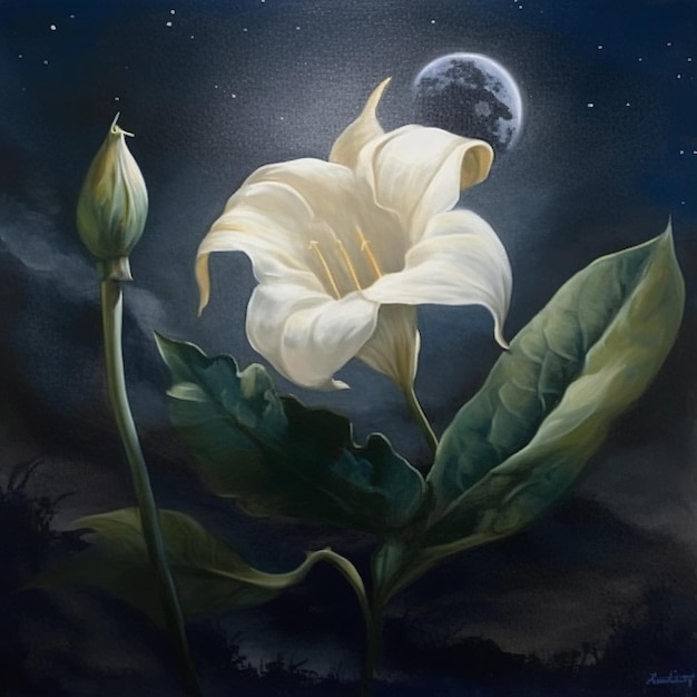 Uma pintura de uma flor com a lua ao fundo.
