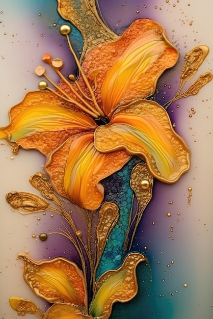 Uma pintura de uma flor com cores douradas e roxas.