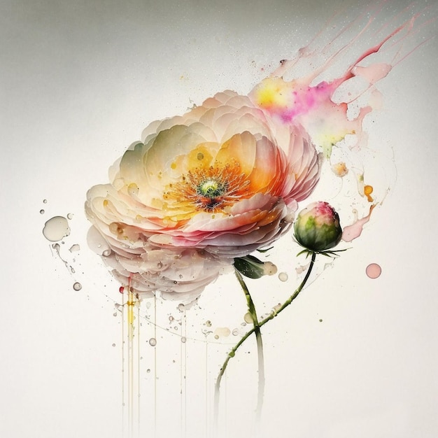 Uma pintura de uma flor com uma flor rosa nela.