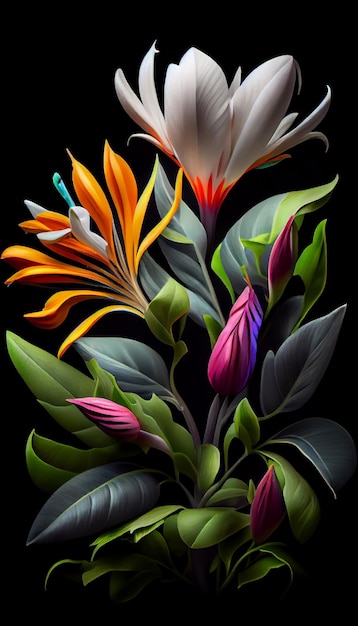 Uma pintura de uma flor com uma flor tropical.