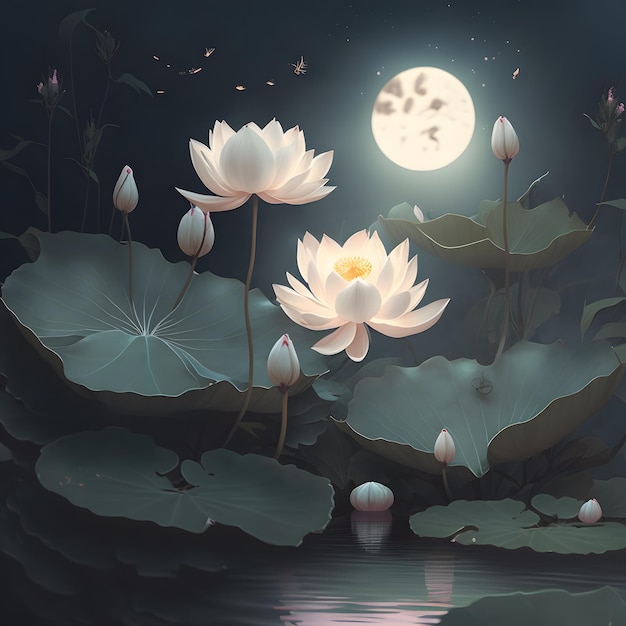 Uma pintura de uma flor de lótus com uma lua ao fundo.