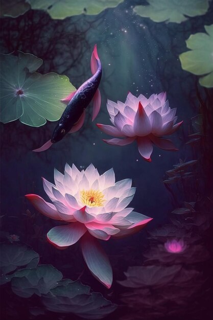 Uma pintura de uma flor de lótus e um peixe nadando na água.