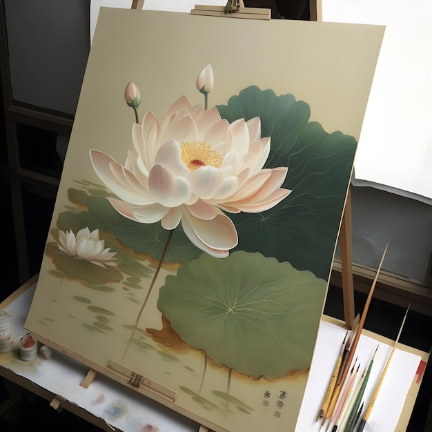 Uma pintura de uma flor de lótus está sobre um cavalete com fundo branco.