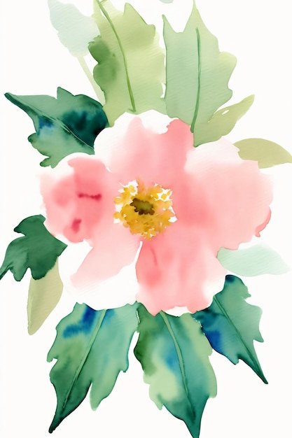 Uma pintura de uma flor rosa com folhas verdes
