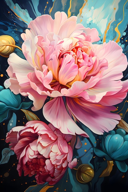 uma pintura de uma flor rosa sobre um fundo preto Pintura a guache de uma flor de cor azul-petróleo Perfeito