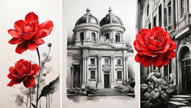 Foto uma pintura de uma flor vermelha e uma pintura em preto e branco de um edifício