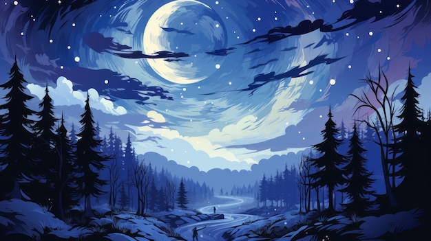 uma pintura de uma floresta à noite com uma lua e estrelas