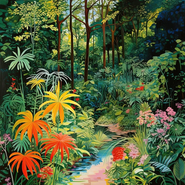 uma pintura de uma floresta cheia de muitas flores