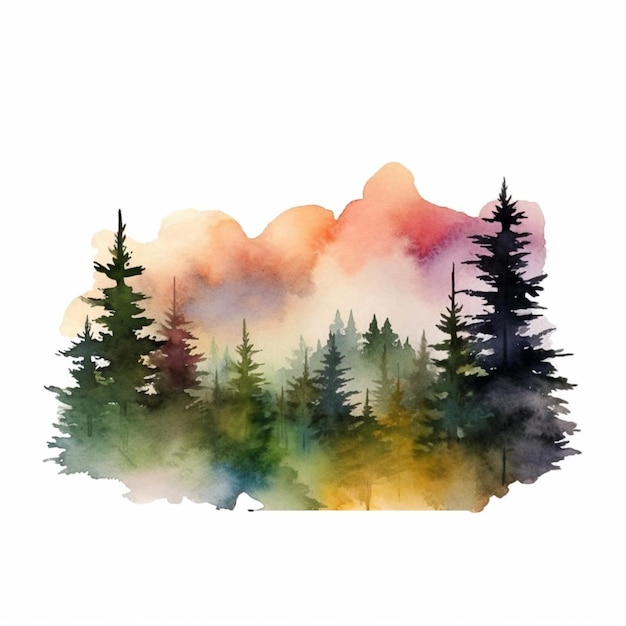 uma pintura de uma floresta com árvores e montanhas no fundo