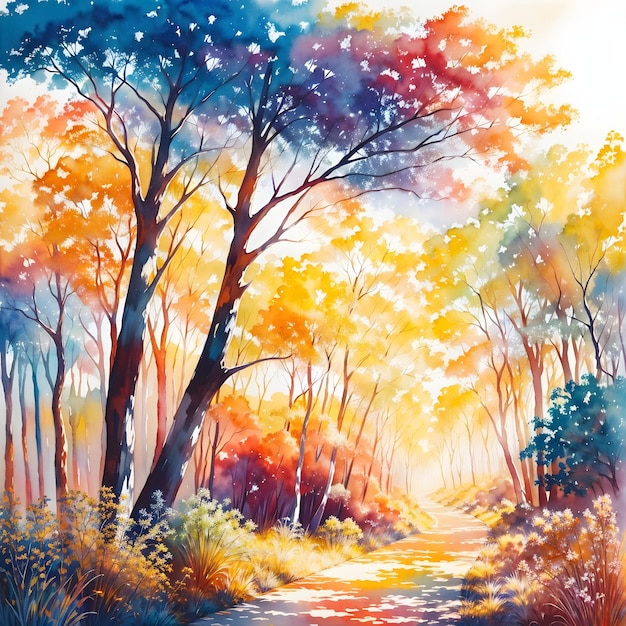 Foto uma pintura de uma floresta com árvores e um caminho ao fundo.