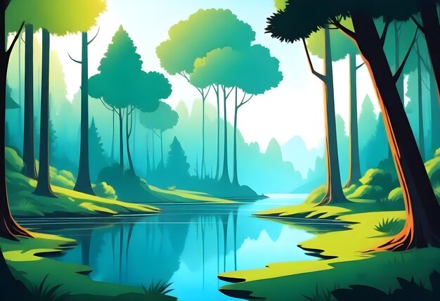 uma pintura de uma floresta com árvores e um rio com uma floresta no fundo