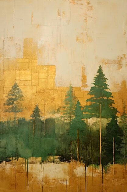 uma pintura de uma floresta com árvores no fundo