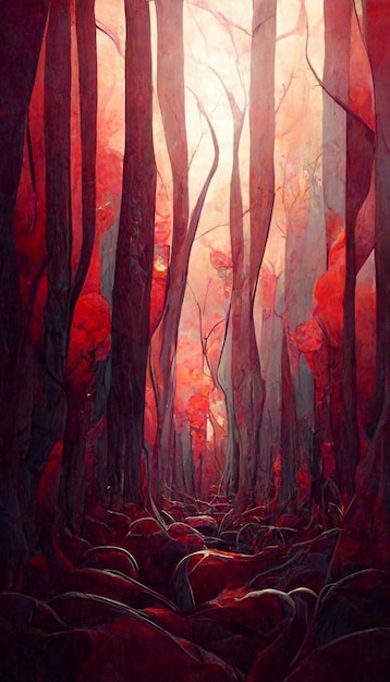 Uma pintura de uma floresta com árvores vermelhas e as palavras "vermelho" na parte inferior.