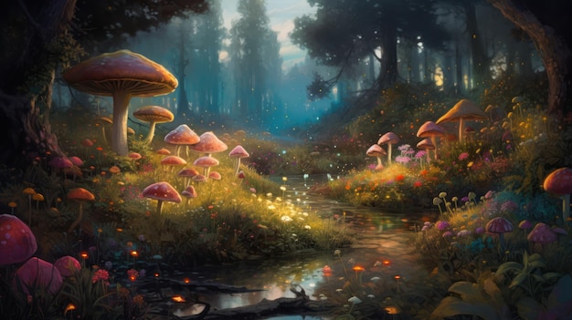 Uma pintura de uma floresta com cogumelos e um riacho.