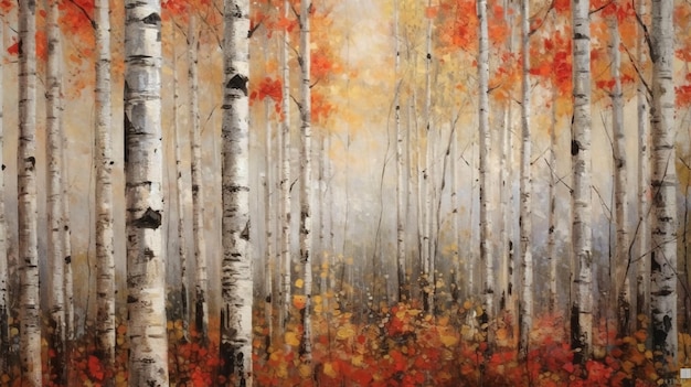 Uma pintura de uma floresta com cores de outono.