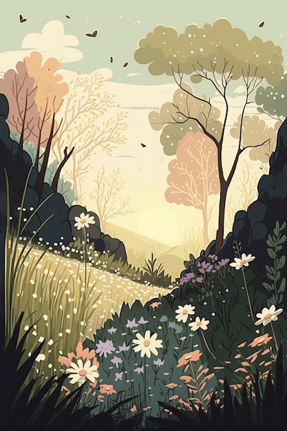 Uma pintura de uma floresta com flores e um pássaro voando ao longe.