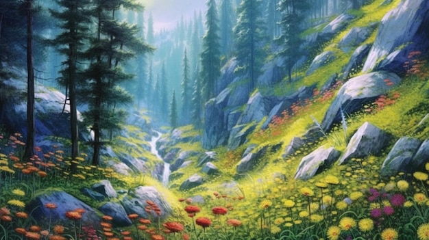 Uma pintura de uma floresta com flores e uma cachoeira.