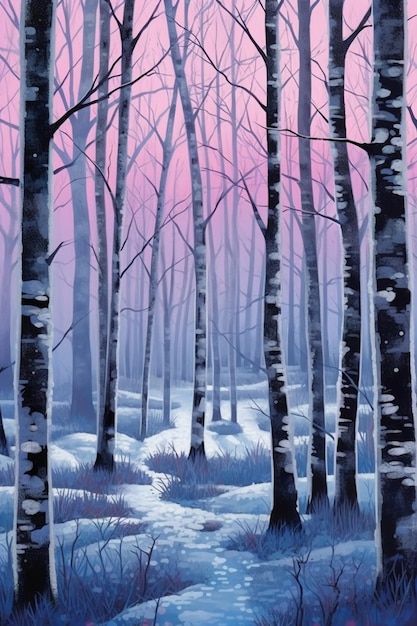 Uma pintura de uma floresta com neve no chão e a palavra inverno no fundo.