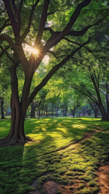 Uma pintura de uma floresta com o sol brilhando por entre as árvores