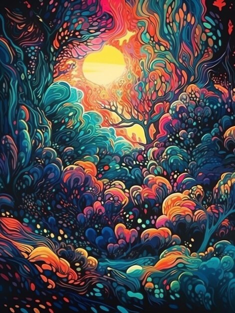 Uma pintura de uma floresta com sol e lua ao fundo.