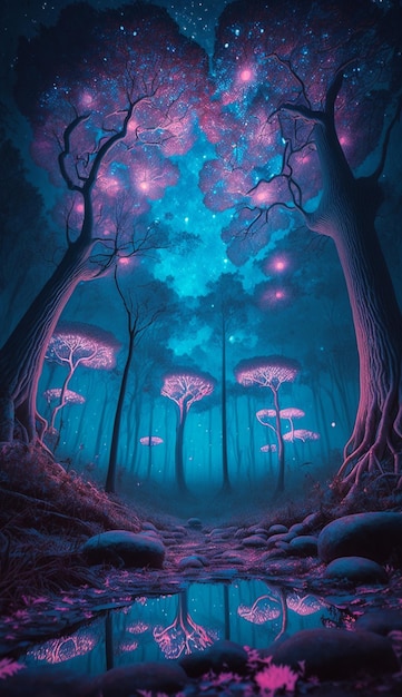 Uma pintura de uma floresta com um céu azul e as palavras "a palavra" na parte inferior.