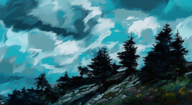 Uma pintura de uma floresta com um céu nublado ao fundo.