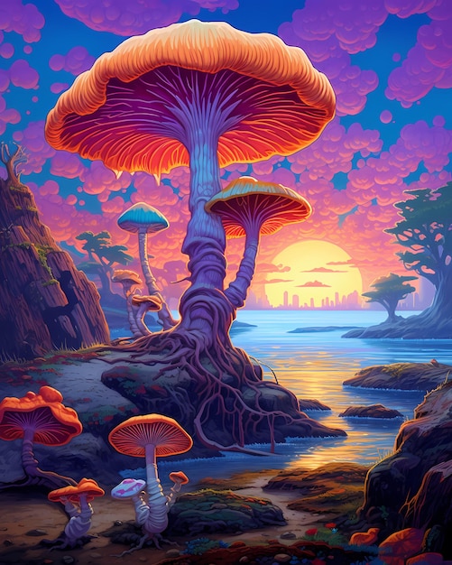 Uma pintura de uma floresta com um cogumelo colorido e um rio ao fundo
