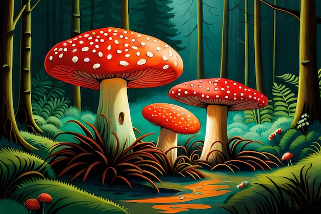 Uma pintura de uma floresta com um cogumelo vermelho