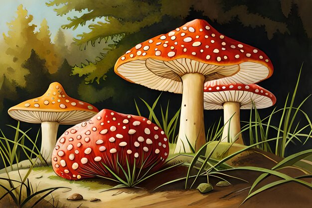 Uma pintura de uma floresta com um cogumelo vermelho