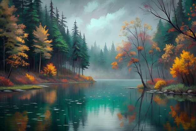 uma pintura de uma floresta com um lago e árvores no fundo