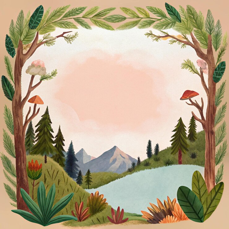 Foto uma pintura de uma floresta com um lago e montanhas no fundo