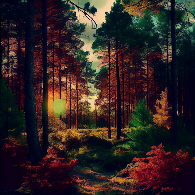 Uma pintura de uma floresta com um pôr do sol ao fundo.