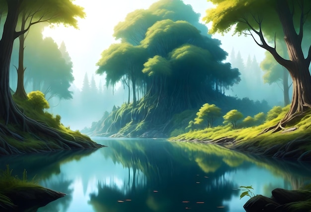 uma pintura de uma floresta com um rio e árvores no fundo