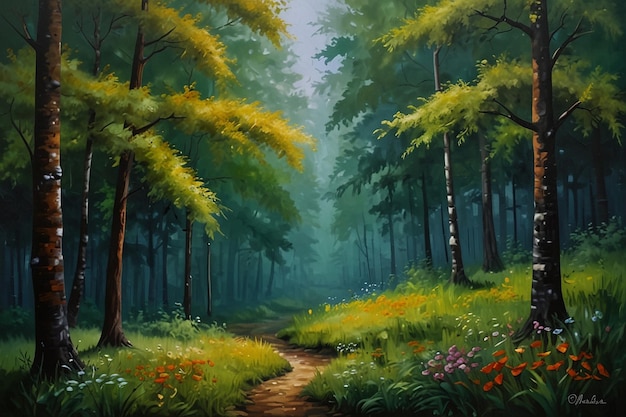 uma pintura de uma floresta com um rio e montanhas no fundo