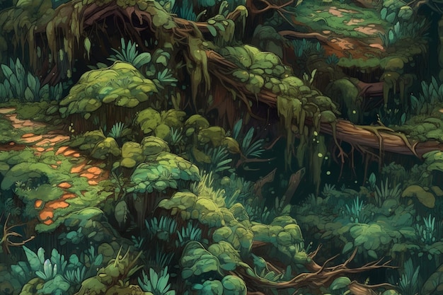 Uma pintura de uma floresta com um tronco de árvore e uma placa que diz 'floresta'