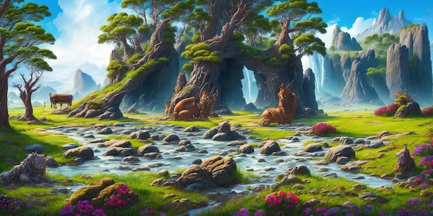 Uma pintura de uma floresta com uma árvore e um casal de animais.