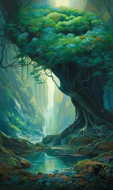 Uma pintura de uma floresta com uma cachoeira ao fundo