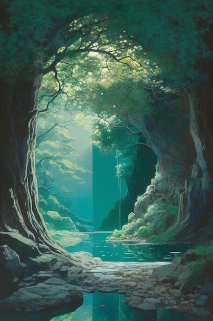 Uma pintura de uma floresta com uma cachoeira ao fundo.