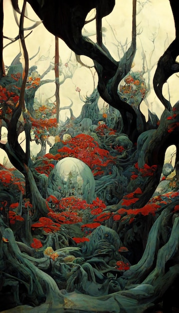 Uma pintura de uma floresta com uma grande árvore e uma bola vermelha no fundo.