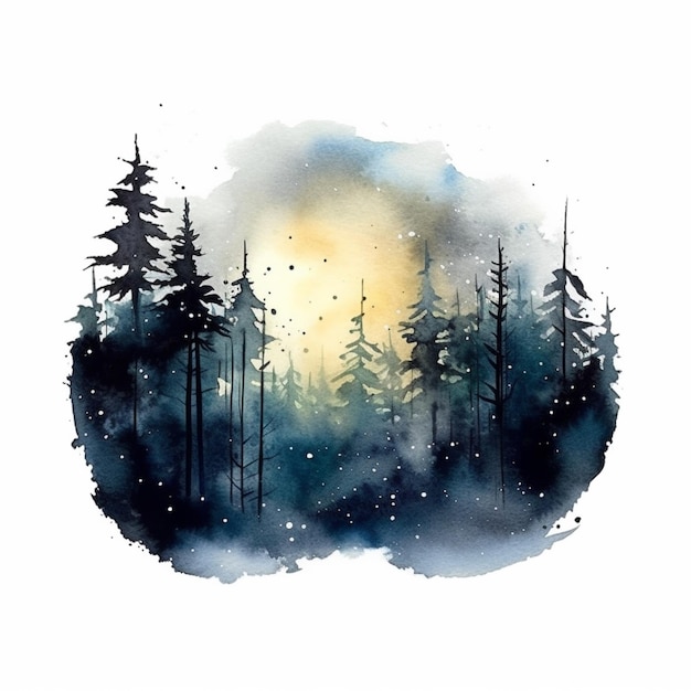 Uma pintura de uma floresta com uma lua cheia no fundo