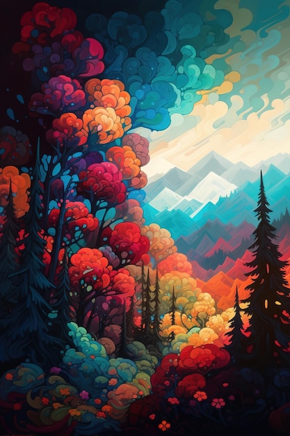 Uma pintura de uma floresta com uma montanha ao fundo.