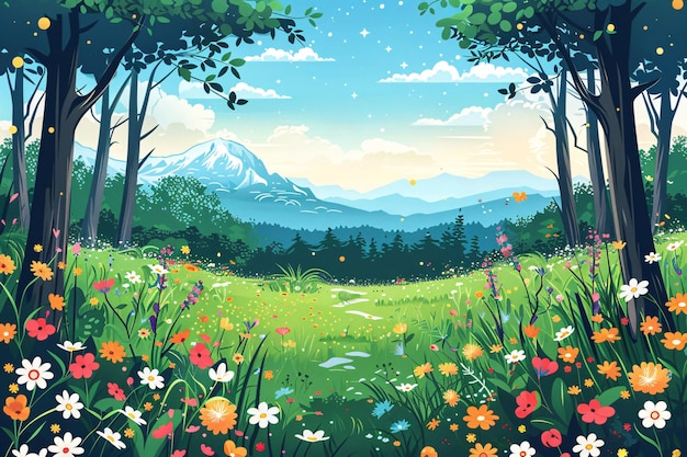 uma pintura de uma floresta com uma montanha no fundo ilustração de cena da floresta de primavera Qingming