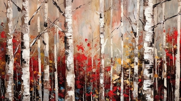 Uma pintura de uma floresta de bétulas com cores de outono.
