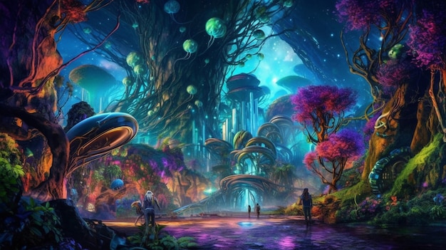 Uma pintura de uma floresta de fantasia com uma cachoeira e pessoas generativas ai