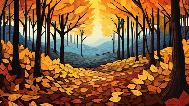 uma pintura de uma floresta de outono com árvores e folhas